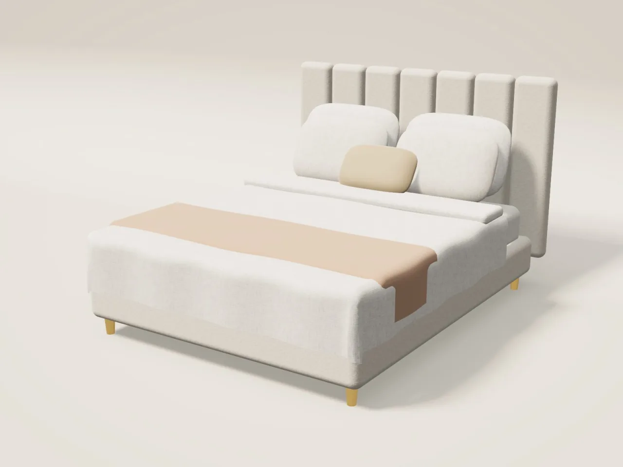 Ivory double bed, 160 x 200 cm, with upholstered headboard and soft linen bedding