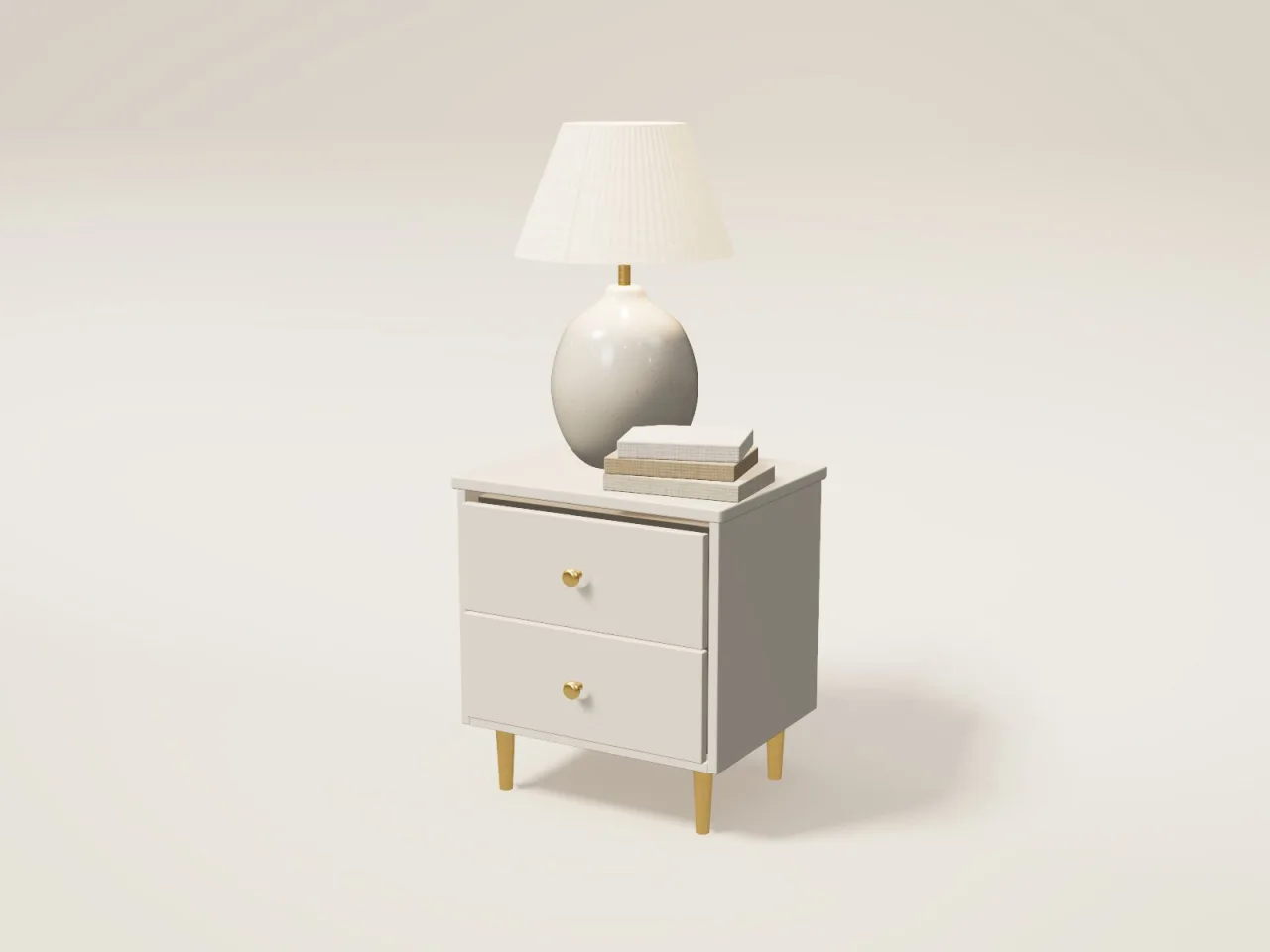 Ivory two-drawer nightstand with a ceramic table lamp