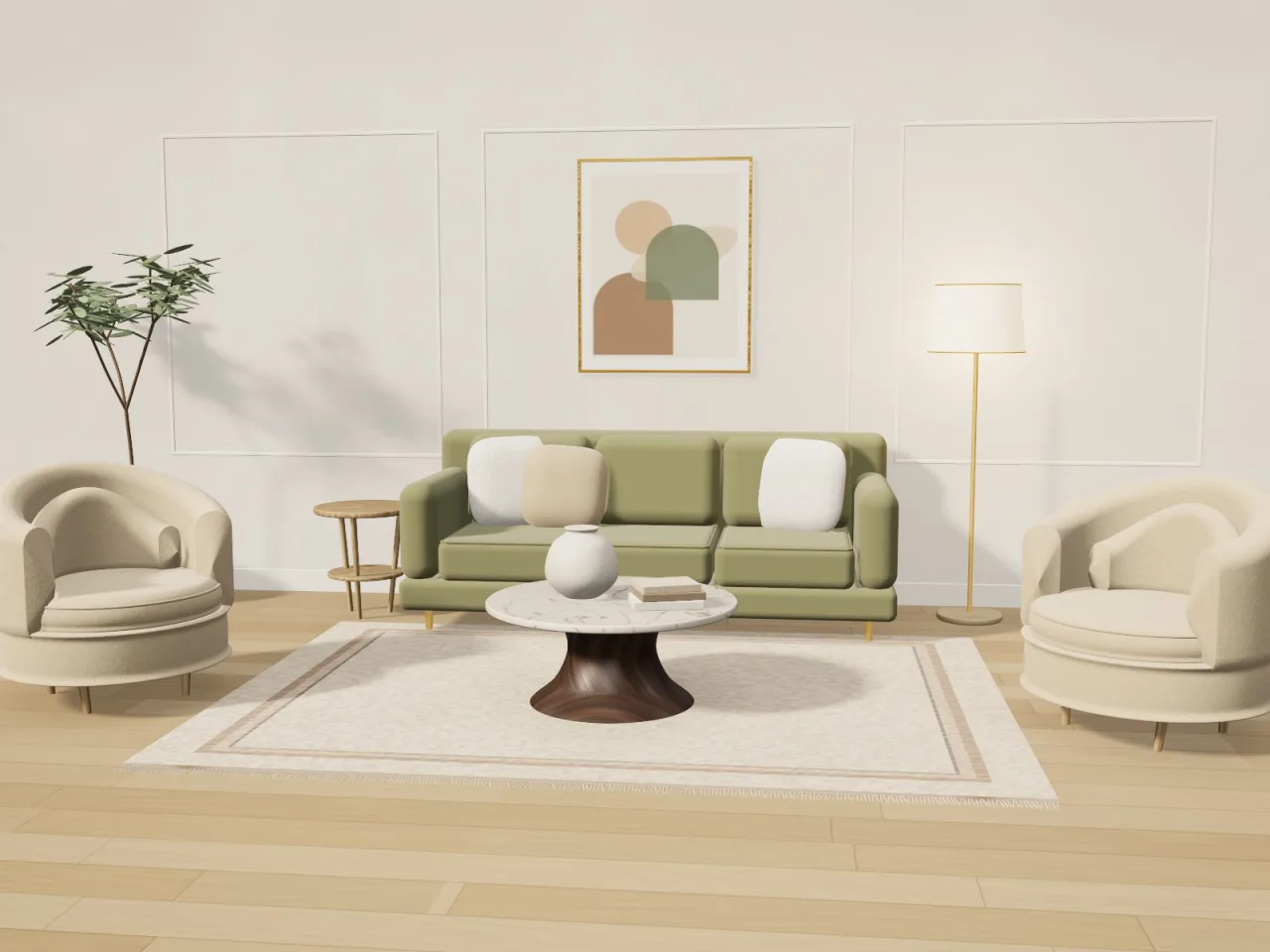 Living room salon set: olive sofa, two armchairs and a marble coffee table in a calm ivory room